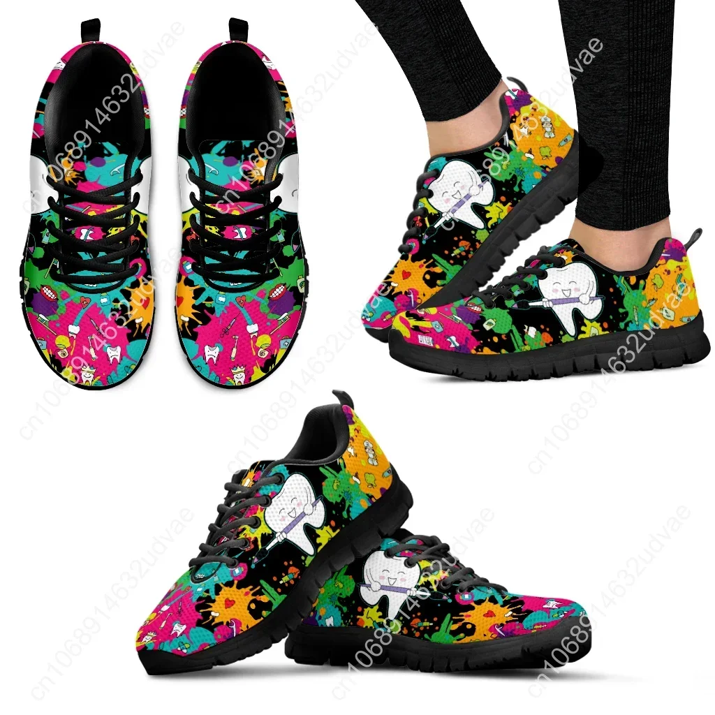 Dental Footwear Tie Dye Painted Mesh Shoes Cartoon Teeth Print Walking Sneakers Women's Outdoor Tennis Footwear 2023