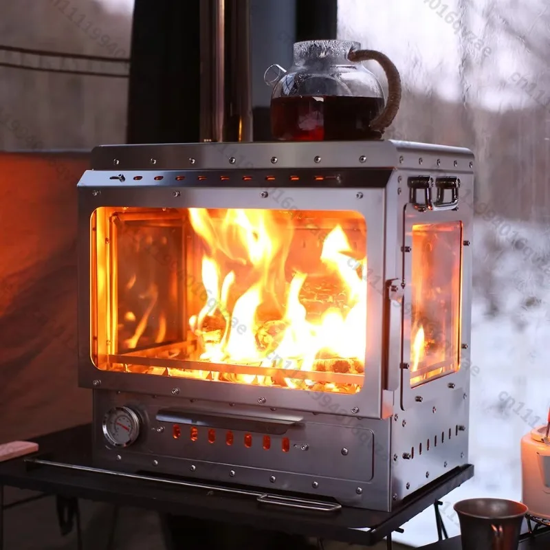 Outdoor Stainless Steel Stove Three-sided Fire Viewing Tent Wood Stove Camping Multi-functional Wood-burning Stove
