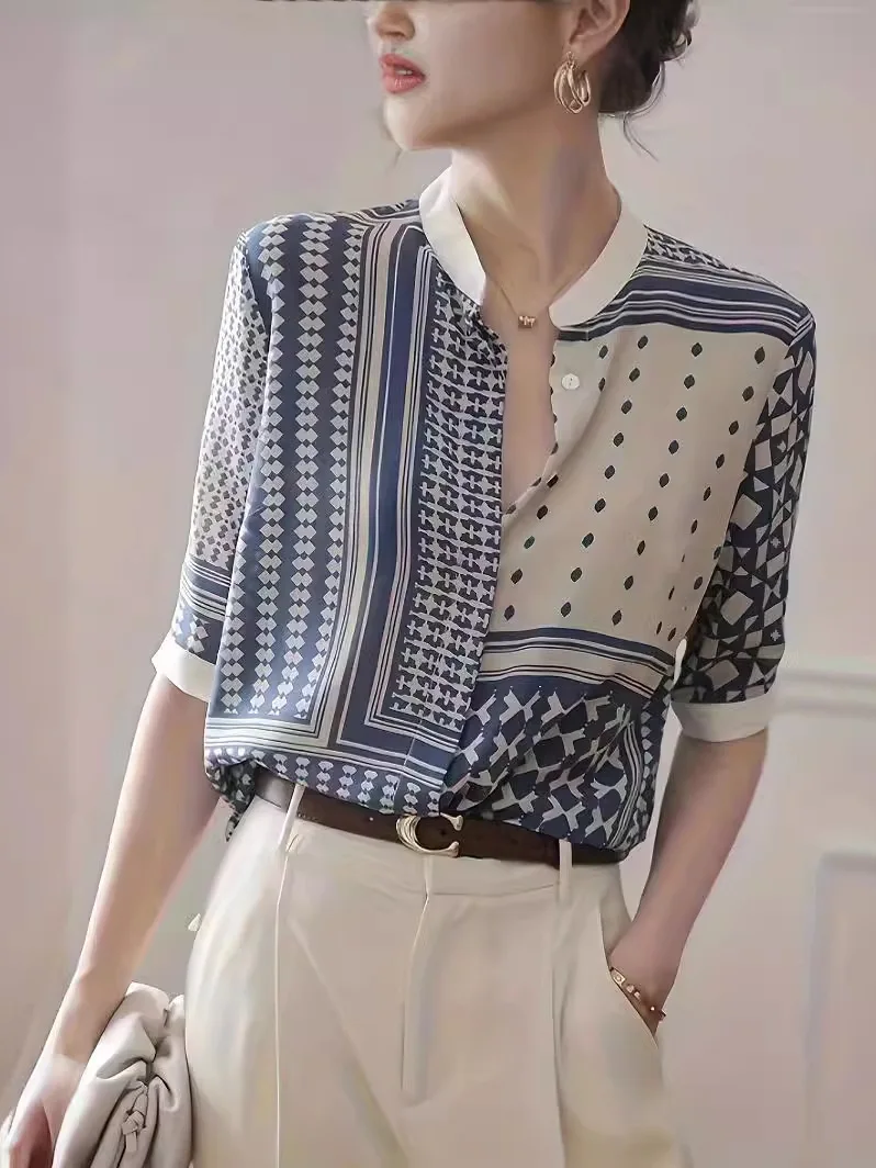 

Faionable Roundne Printed mid Sve irt for Women Street Sle Straight Cut Cosite Fabric Polyester Casual Button up