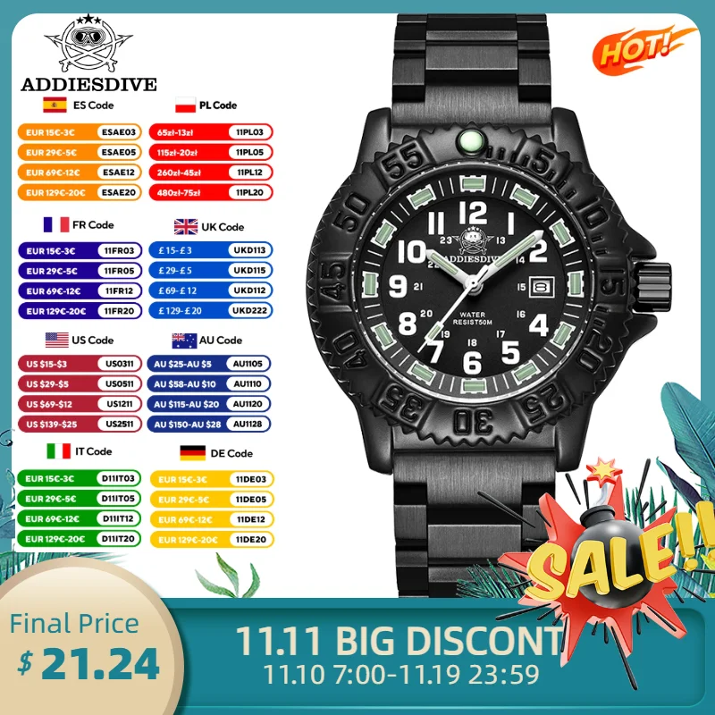 ADDIESDIVE Men's Watch Fashion Stainless Steel Outdoor Sports Analog Watch Waterproof Luminous Quartz Wristwatch Reloj Hombre