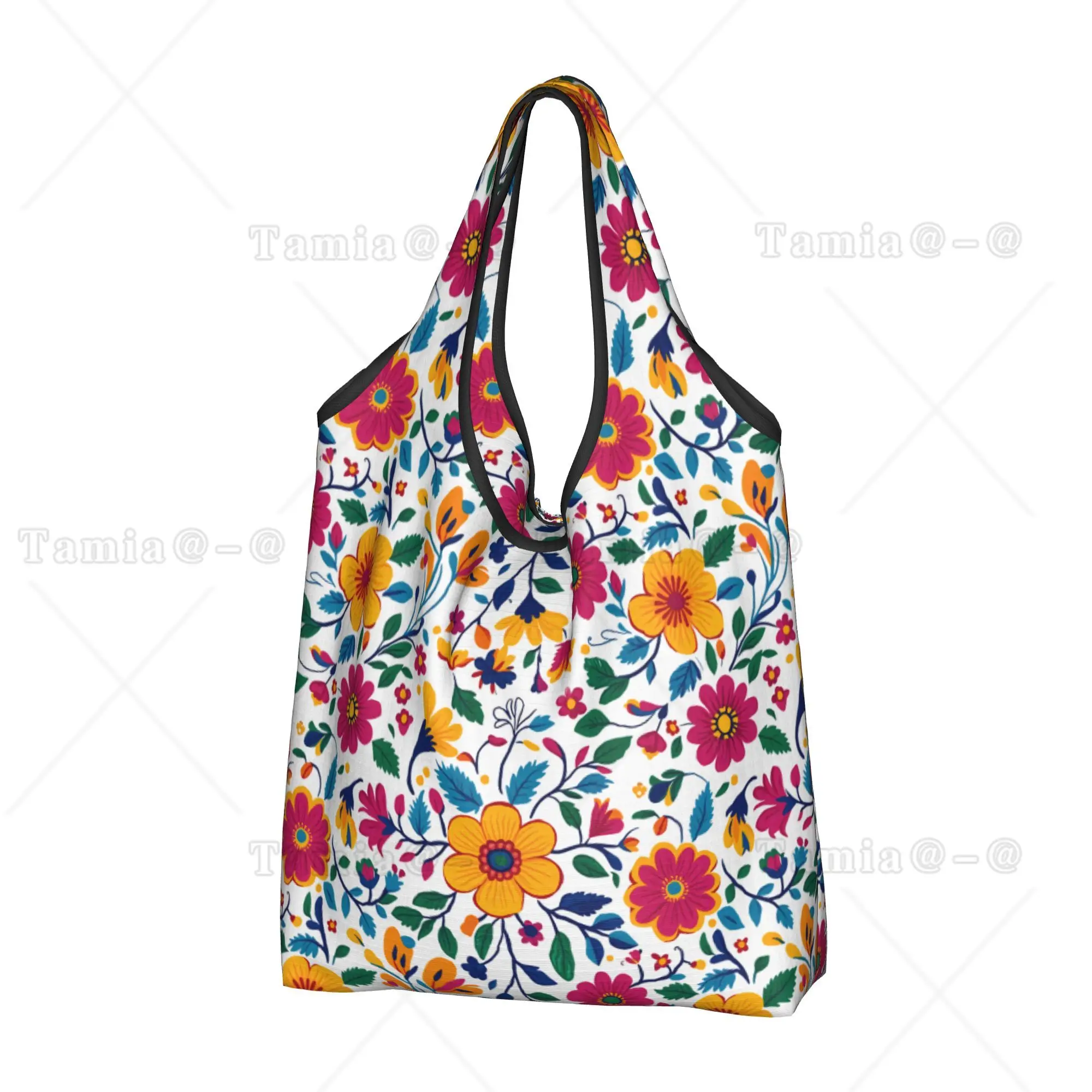 Fashion Bright Mexican Otomi Floral Shopping Tote Bag Portable  Grocery Shoulder Shopper Bag