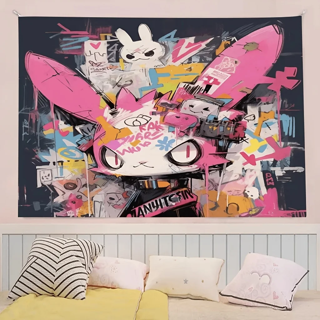 Pink Bunny Graffiti Art Tapestry - Unique Street Art Design for Modern Home Decor - Adds Vibrant Style to Any Room