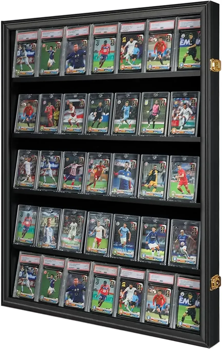 Graded Sports Card Display Case Lockable Wall Cabinet Clear View Black Finish For Basketball Baseball Collectible Trading Card