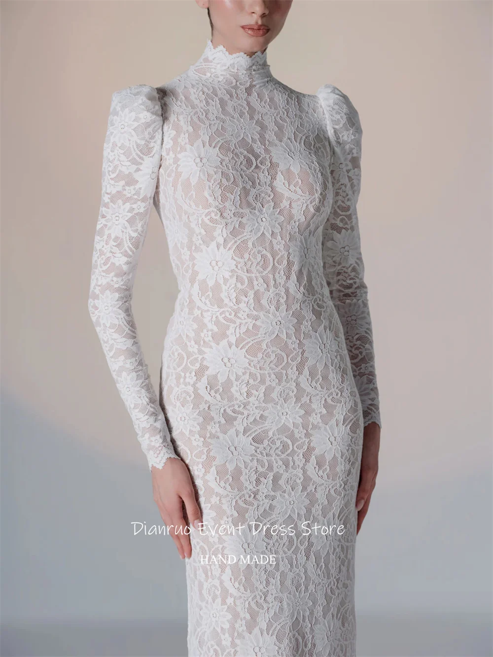 Dianruo – Robe De soirée en dentelle, fente haute, épaules bouffantes, avec des Appliques, moulante, manches longues, personnalisée