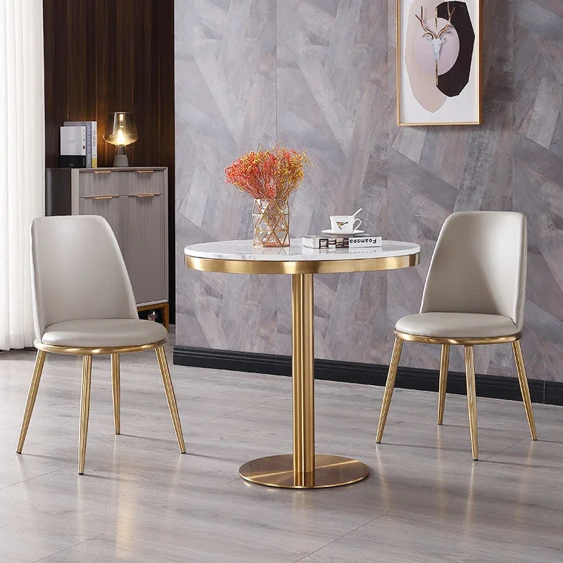 

-Contemporary round Gold Stainless Steel Bistro Table with Marble Top for Dining Villas Hotels Clubs Cafes Reception Areas