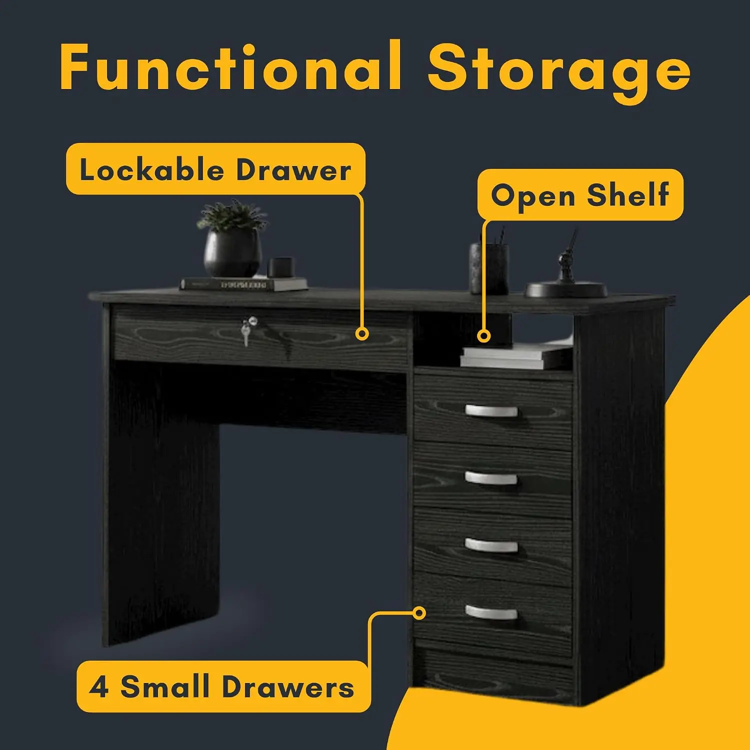 Home Office Desk with 5 Drawers & Open Shelf, Lockable Storage Computer Desk for Work from Home, Customized