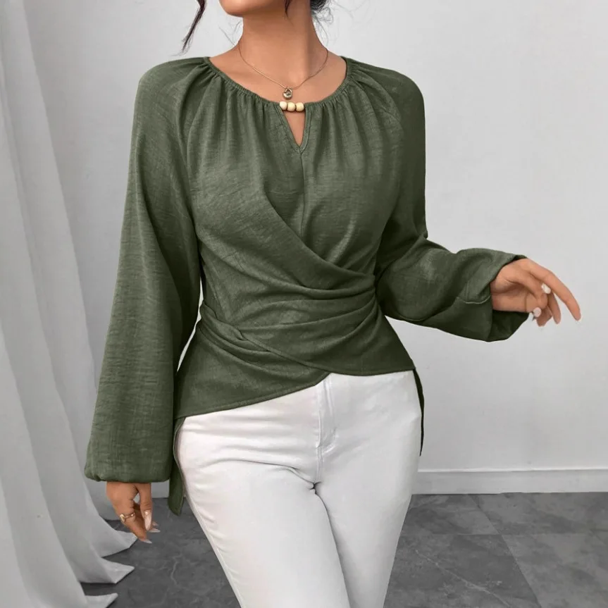 

Casual Long Sleeve Slim Blouse Women Summer 2026 Fashion Solid Color O-neck Tops And Shirts Elegant