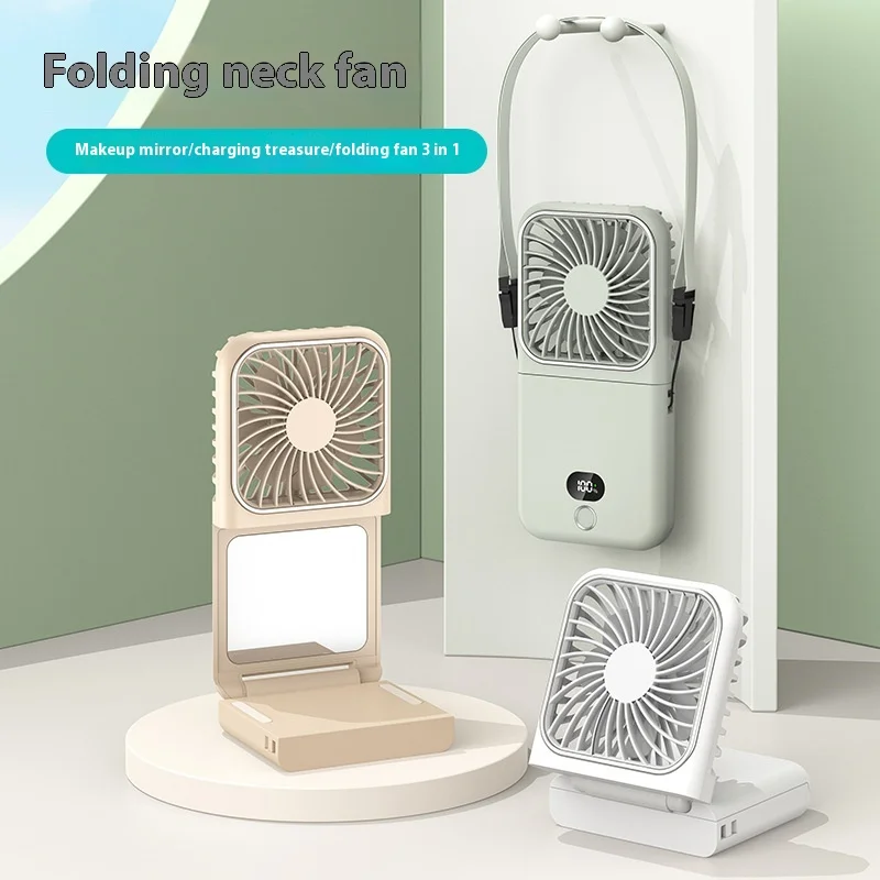 New Multifunctional Outdoor Handheld Fan Desktop Folding Fan Portable Makeup Mirror Mini Neck Fan 5 Speeds 2500mAh iPhone Size