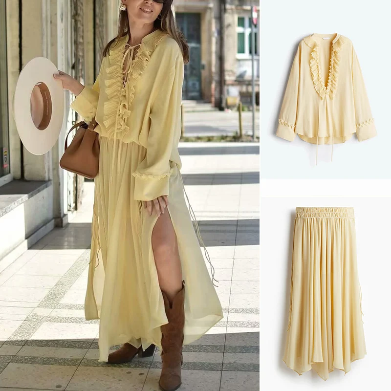 Verão novo sle solto v-ne n longo irt e chiffon f saia conjunto de duas peças faionable solto largo ne design