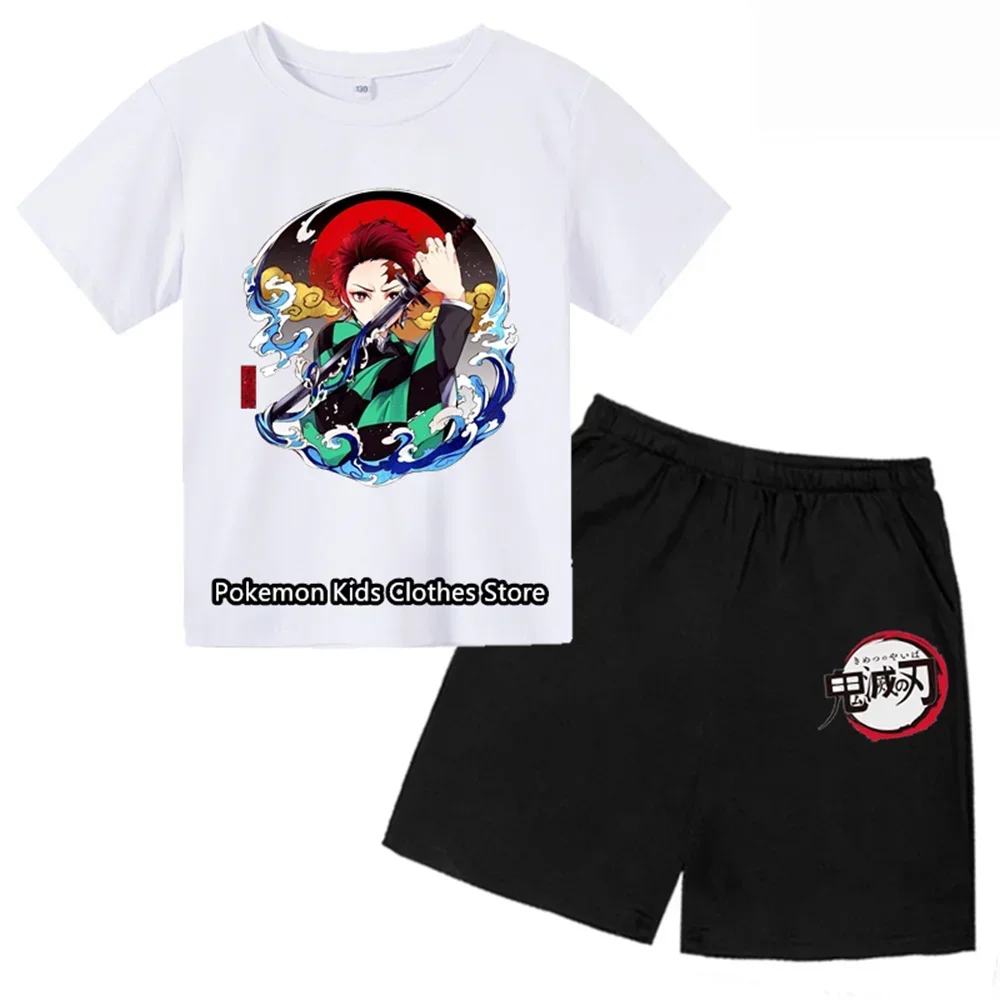 Japan Anime Demon Slayer Anime T Shirt 2pcs Set Kids Baby Boys Girls Cartoon Short Pants Set Children Clothing Oversized Suit