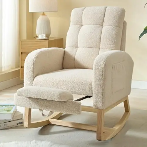Modern Nursery Rocking Chair, Teddy Upholstered Rocking Chair with Footrest, Comfortable Rocker Glider with Side
