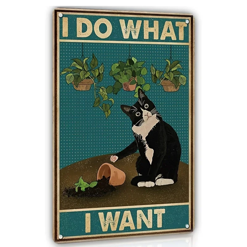 1pc Funny Black Cat Decor Metal Tin Sign, Bathroom, Garden, Home Decor, Restroom, Bedroom, Cafe Decor, Vintage Tuxedo Cat Metal