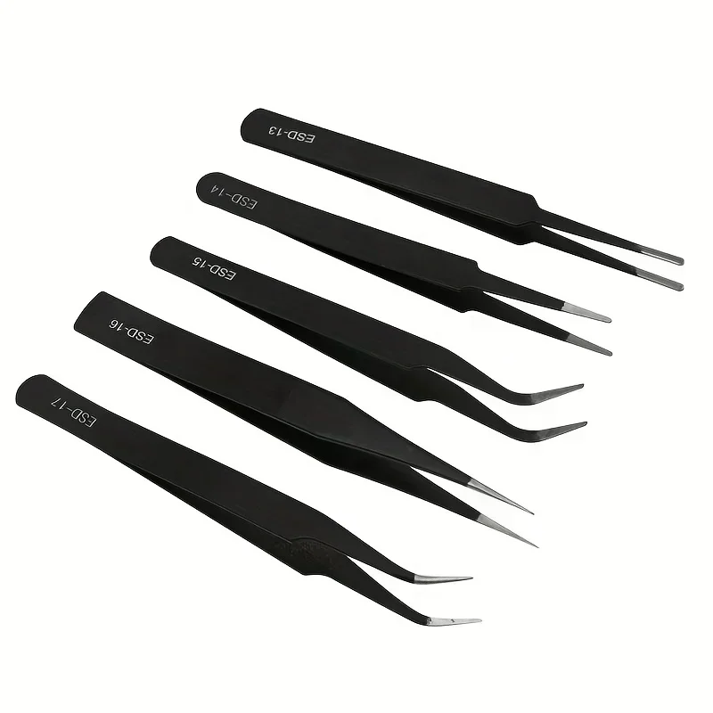 Precision ESD Anti-Static Tweezers Set -6-Pc Stainless Steel Tool for Electronic Repair and Process Modeling, Bending 2025
