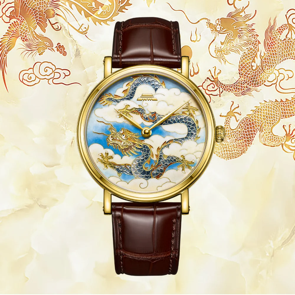 Zegarek Beijing Enamel Dragon and Phoenix 40mm, zegarek dla par, mechaniczny, automatyczny, szkieletowy, męski, damski, luksusowy zegarek.