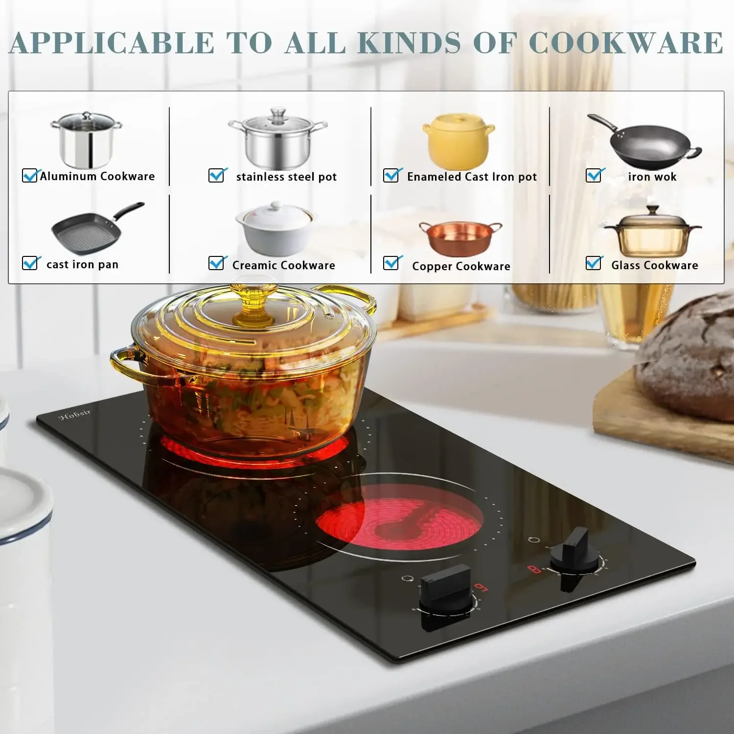 hob 2 Burner Electric Cooktop, 110v Electric Burner Stove Top 12 inch Knob Control Countertop & Built-in Radiant Electric Stove