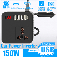 150W Car Power Inverter with USB & Type-C Port DC 12V 24V To AC 110V 220V Voltage Converter Voltage Transformer for Vehicles