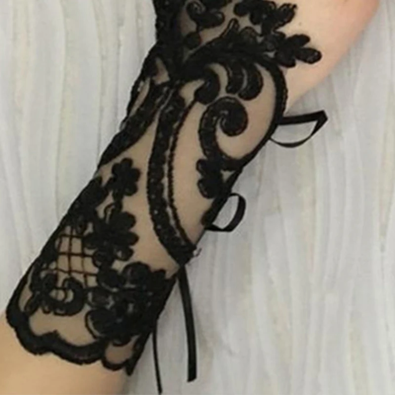 1 Paar weiße schwarze kurze Handschuhe Hochzeit finger lose Blumen handschuhe Braut spitze sexy Handschuhe Party zubehör hohe Qualität