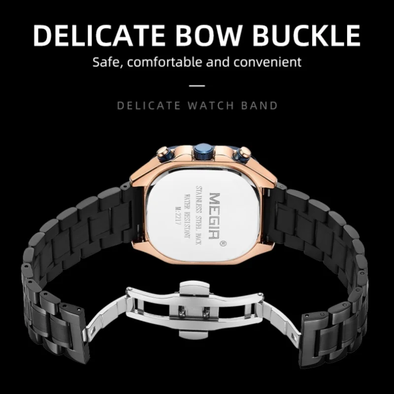 MEGIR 2217 Men Quartz Watch Creative Design Square Dial Chronograph Waterproof Stainless Steel Strap Luminous Date Wristwatch