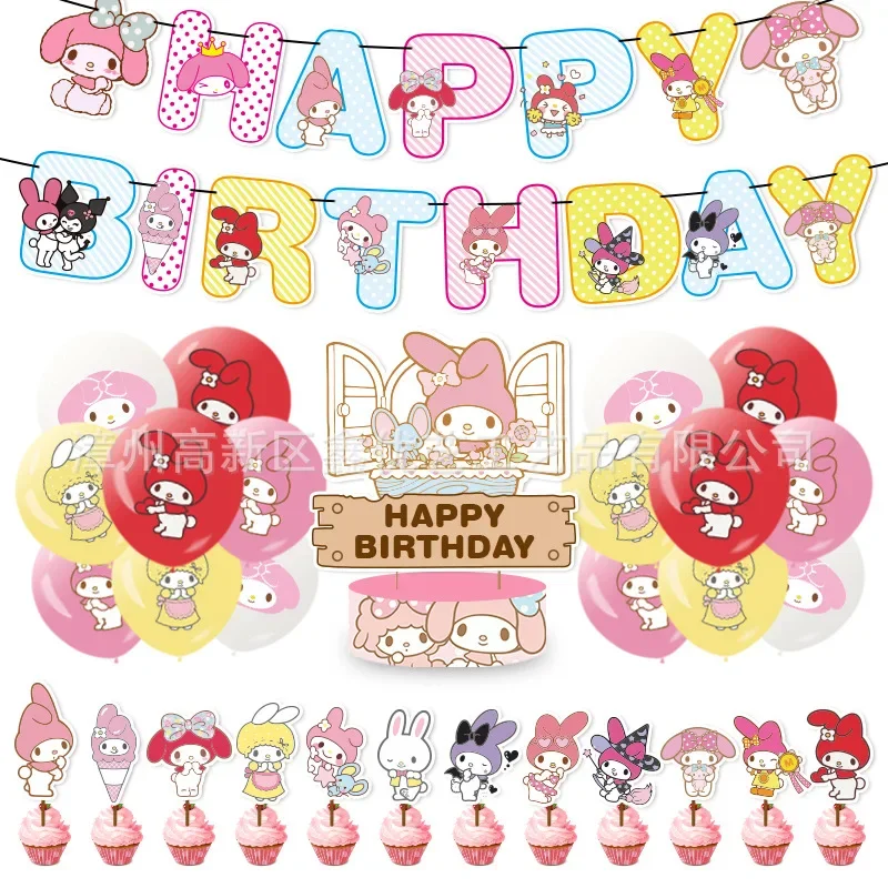 

Sanrio Kawaii Melody Theme Birthday Party Cake Insert Balloon Decoration Supplies Set Anime Figures Kids Girl Cartoon Xmas Gifts