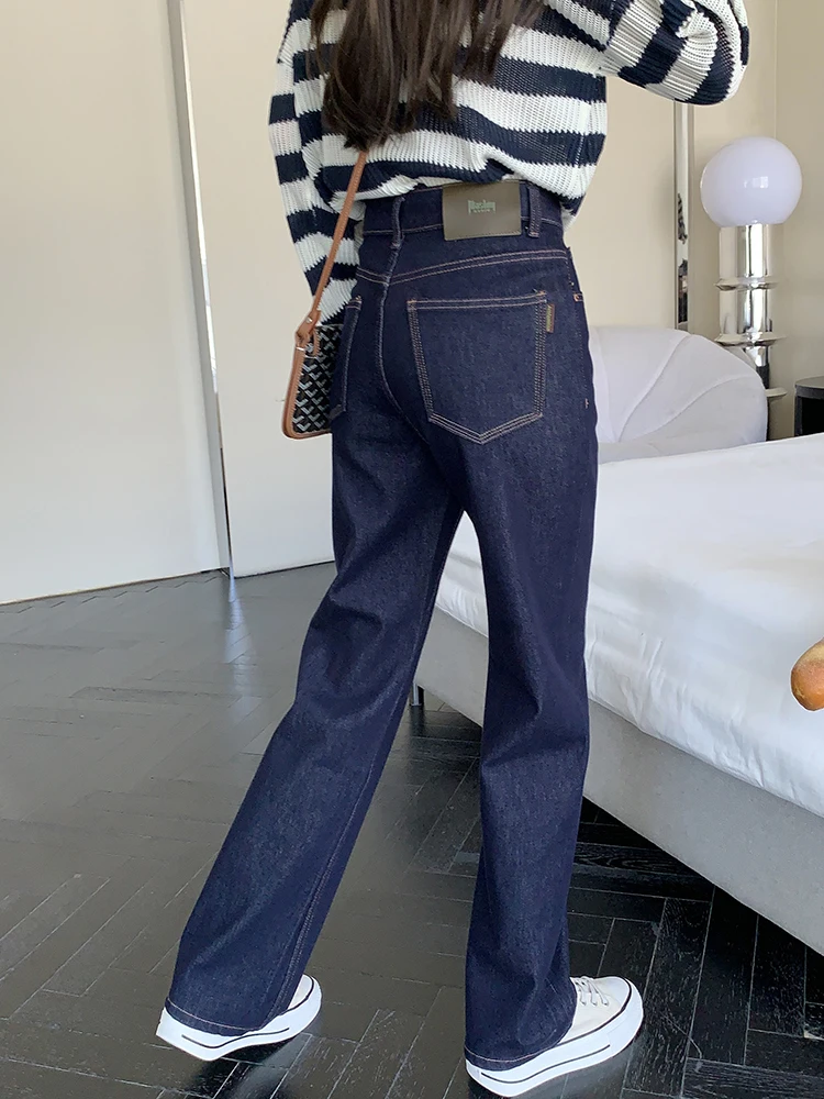 

Темно-синие прямые джинсы, женские свободные широкие брюки с высокой талией, длинные хлопковые эластичные джинсовые брюки на молнии, весна-осень