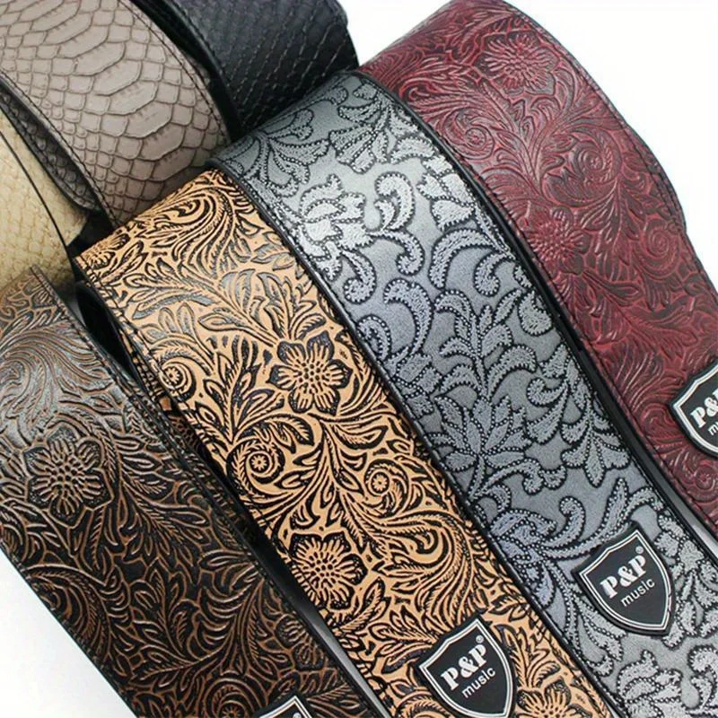 2.5 Inch Guitar Strap Genuine Leather Adjustable Soft Embroidered Belt for Classical Bass Guitar Accessories（Random Pattern）