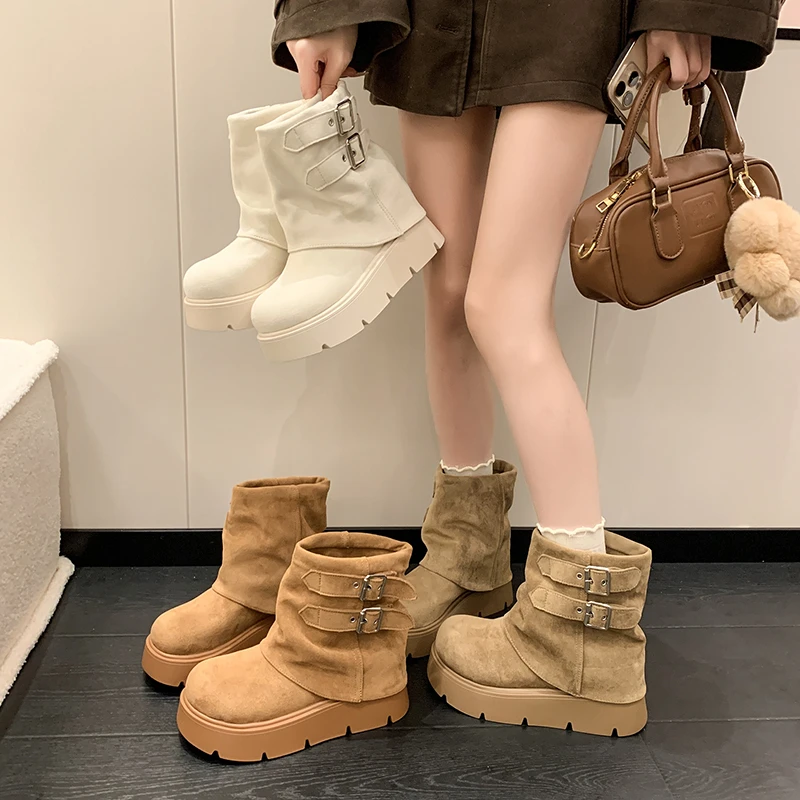 

2025 Новые ботильоны для женщин на плоской подошве, замшевая обувь на платформе, новые зимние женские зимние ботинки, модные повседневные спортивные ботинки Женские Сапоги