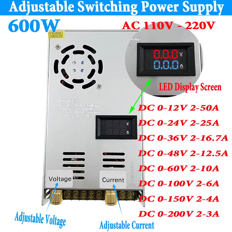 display digital 600w ac 220v para dc 012v 24v 36v 48v 60v 100v 150v fonte de alimentacao de comutacao ajustavel 200v a 50a 01