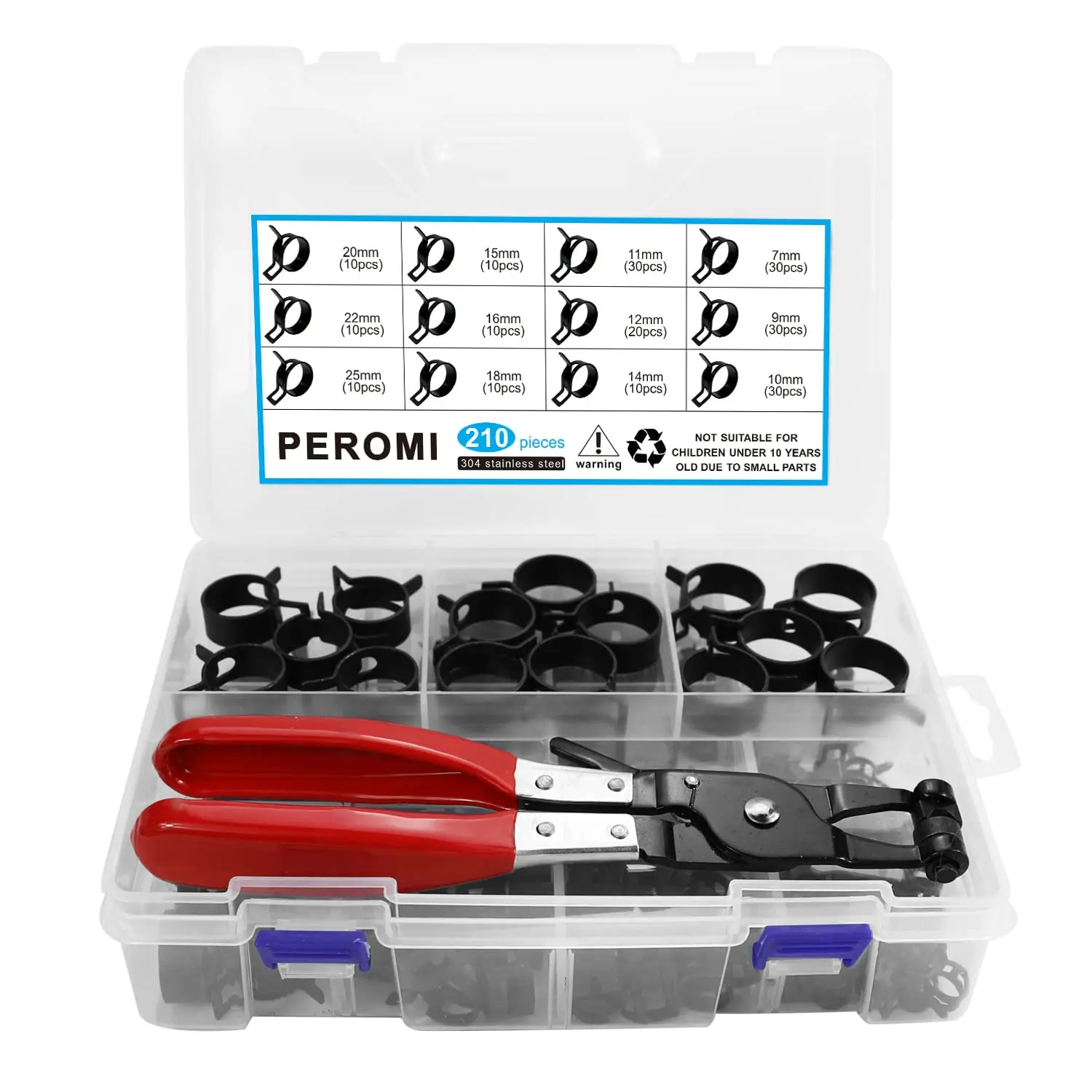 210Pcs 7-25mm Spring Band Hose Clamps With Plier Assortment Kit Fuel Line Silicone Vacuum Hose Steel Clamp Low Pressure Air Clip