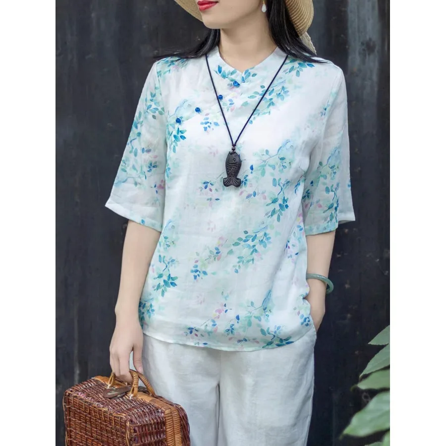 

Элитная женская блузка с принтом и воротником-стойкой в новом китайском стиле, большие размеры, весна-лето, новинка