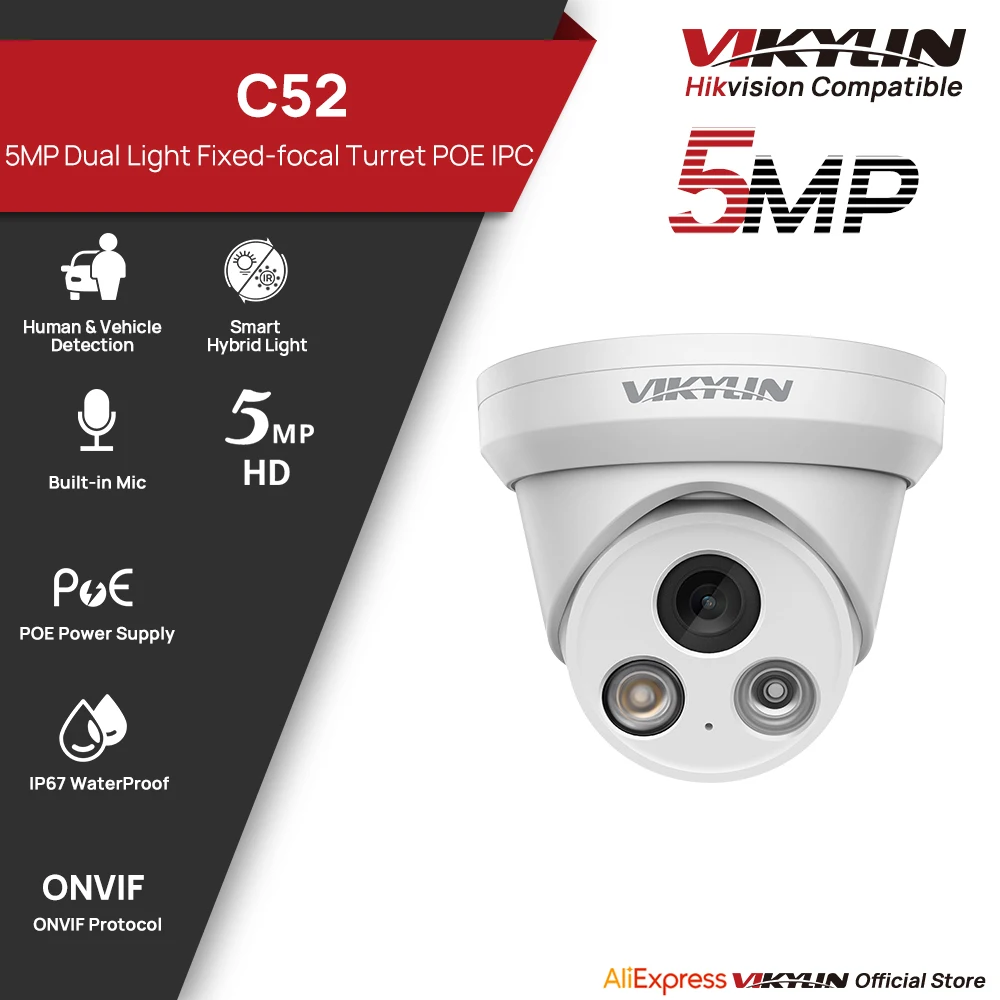 

VIKYLIN 5MP Smart Dual Light IP Camera Outdoor POE H.265 Onvif Wide Angle 2.8mm Humanoid Detection Home CCTV Surveillance Camera