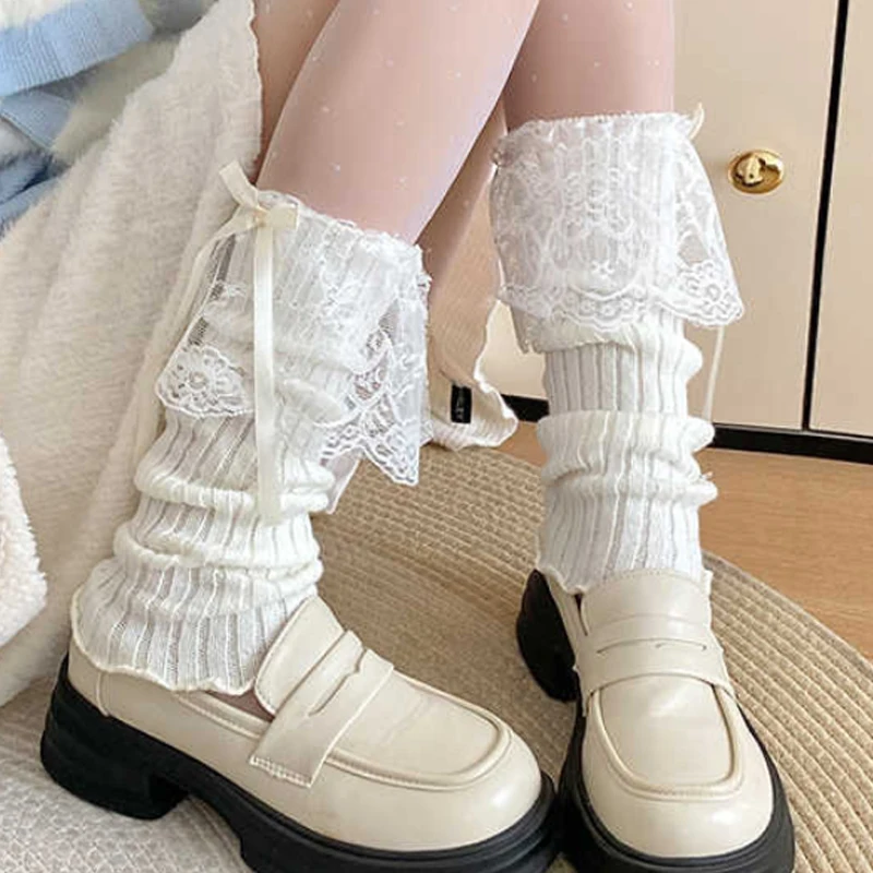 Obrázek 3: Ženy Y2K noha warmers pletené krajka luk stuha dlouhé ponožky japonský JK lolita lýtko teplejší móda retro podzim zima noha warmers