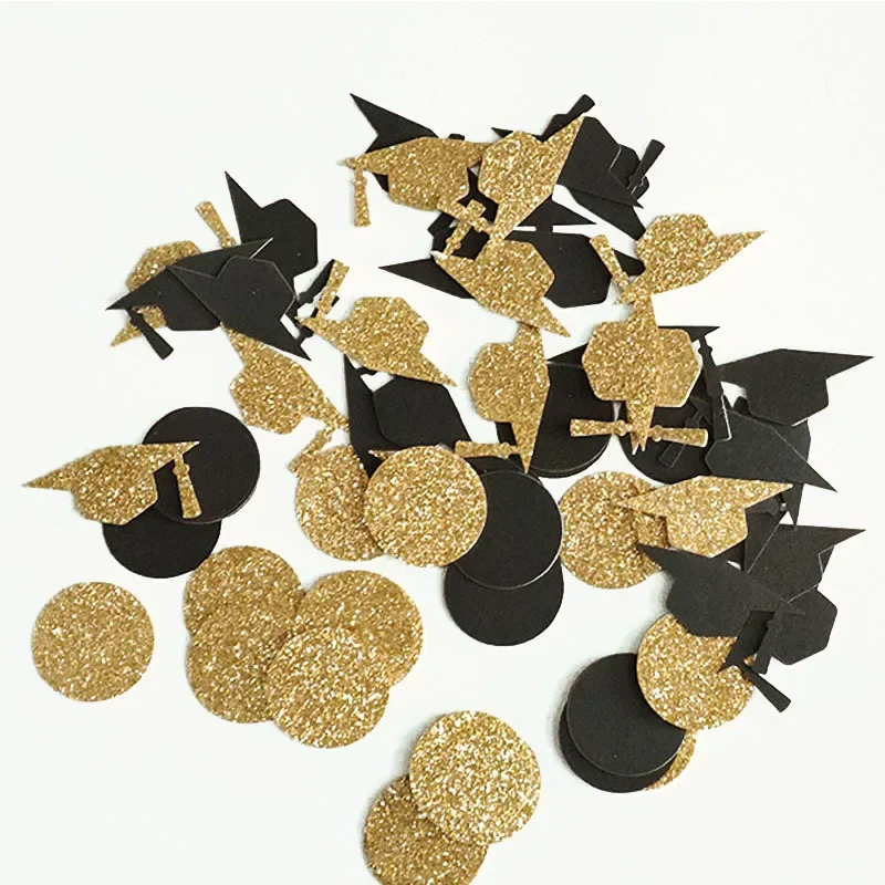 100Pc/Pack Gold Black Bachelor Hat Round Glitter Paper Confetti 3CM Graduation New Year Party Decor Bachelor Cap Grad Congrats