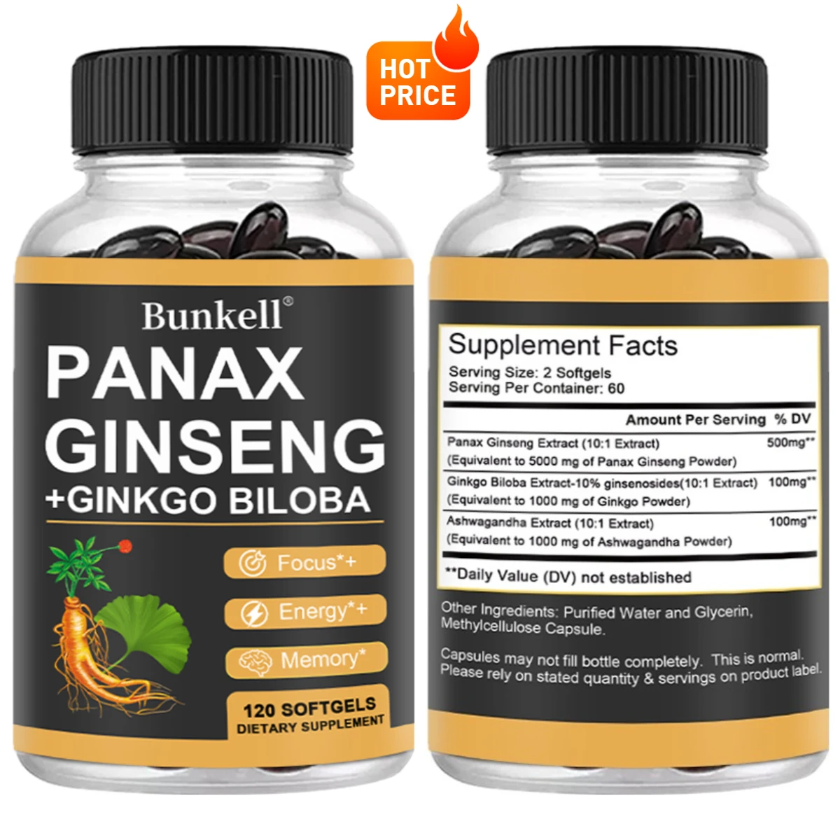Korean Panax Ginseng Supplement - Supports Energy, Performance and Immune System, Improves Focus - 120 Capsules