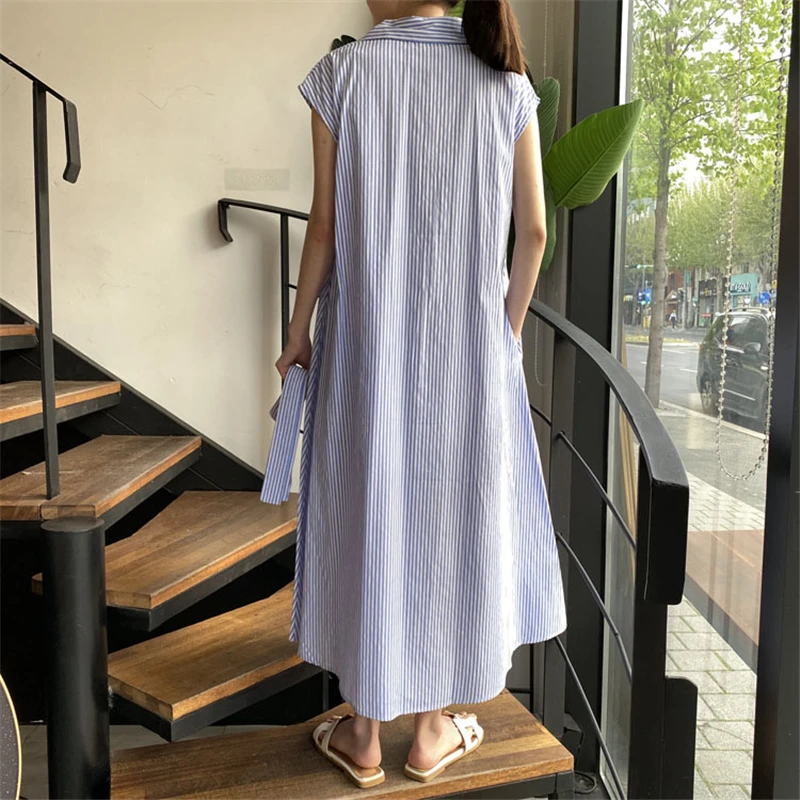 Damen Sommerkleid, neu, gestreift, mit Bindegürtel, schmal geschnitten, ärmellos, Midikleid, lässig, elegant, für Büro und Freizeit, mit Taschen, DR1970 – Detail 22