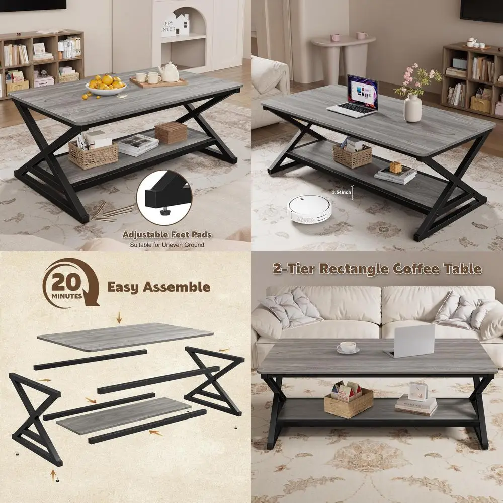 

47 Modern Wooden and Metal 2-Tier Center Table with Storage, 350lbs Load Capacity, Easy Assembly