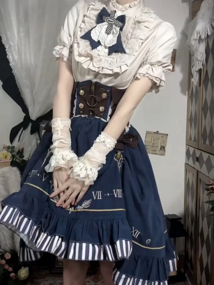 빈티지 로리타 블라우스 코르셋 스커트 세트 여성 레트로 클래식 로리타 의상 러플 레이스 하이웨이스트 시계 프린트 스트라이프 밑단 드레스