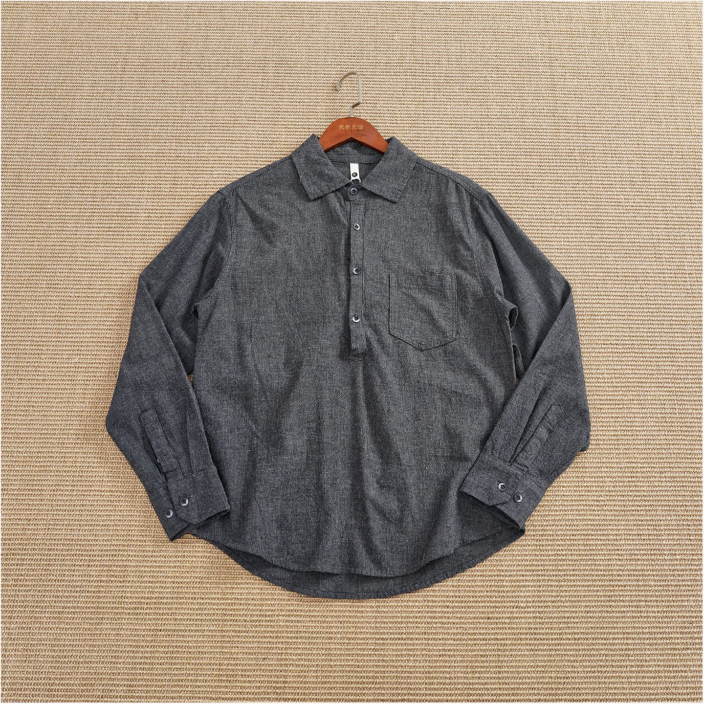 Autumn new men's long-sleeved shirt linen blend half open collar design versatile simple casual shirt