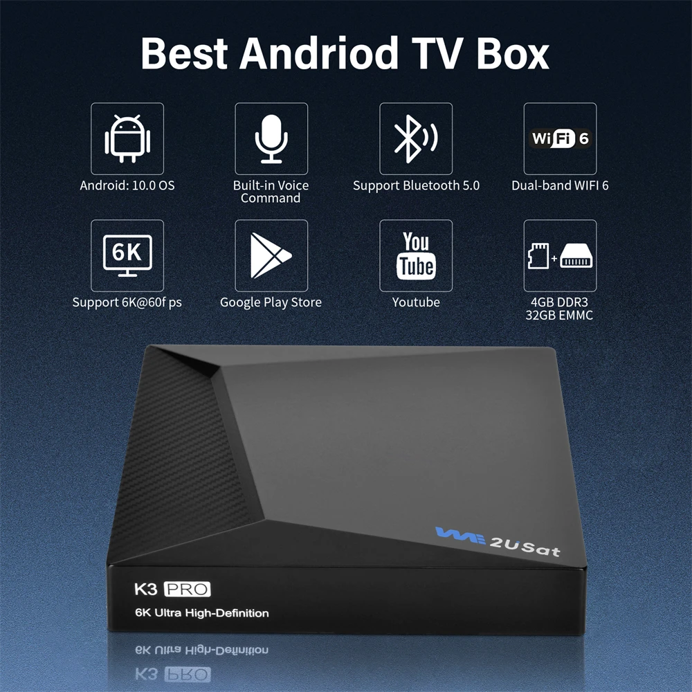 We2USat K3 PRO+-Streaming Smart TV Box Media Player Build in WiFi+Voice Remote Control Comparison with Vseebox V5 PRO Free Ch