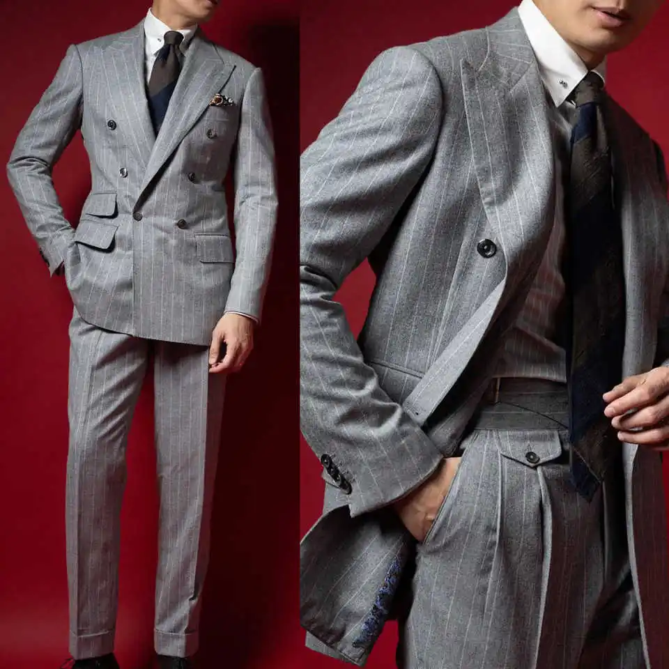 

Plaid Men Suit 2 Piece Jacket Pants Peaked Lapel Double Breasted Slim Fit Blazer Business Occasion Wedding Tuxedo Costume Homme