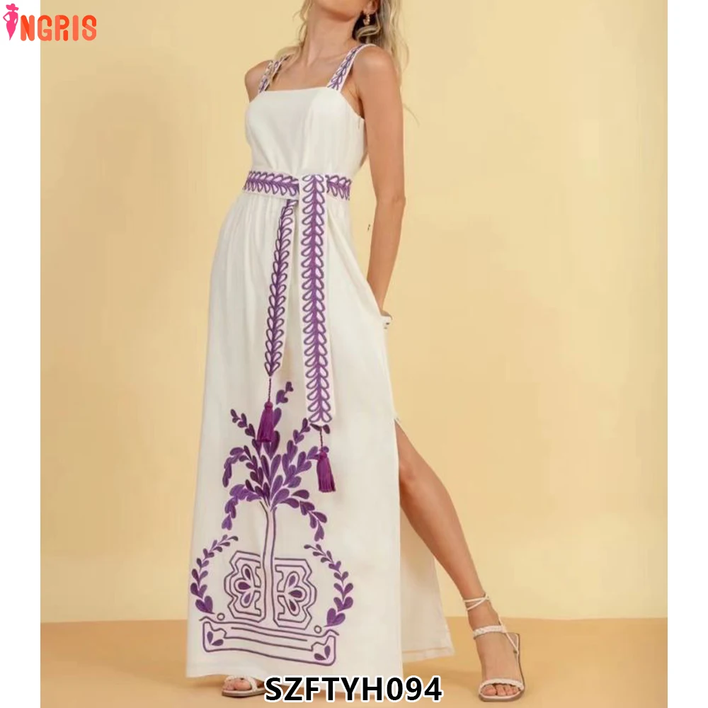 

Women Dresses High Fashion Summer French Sleeveless Dresses White Suspender Pleated Slimming Long Dress-SZFTYH094