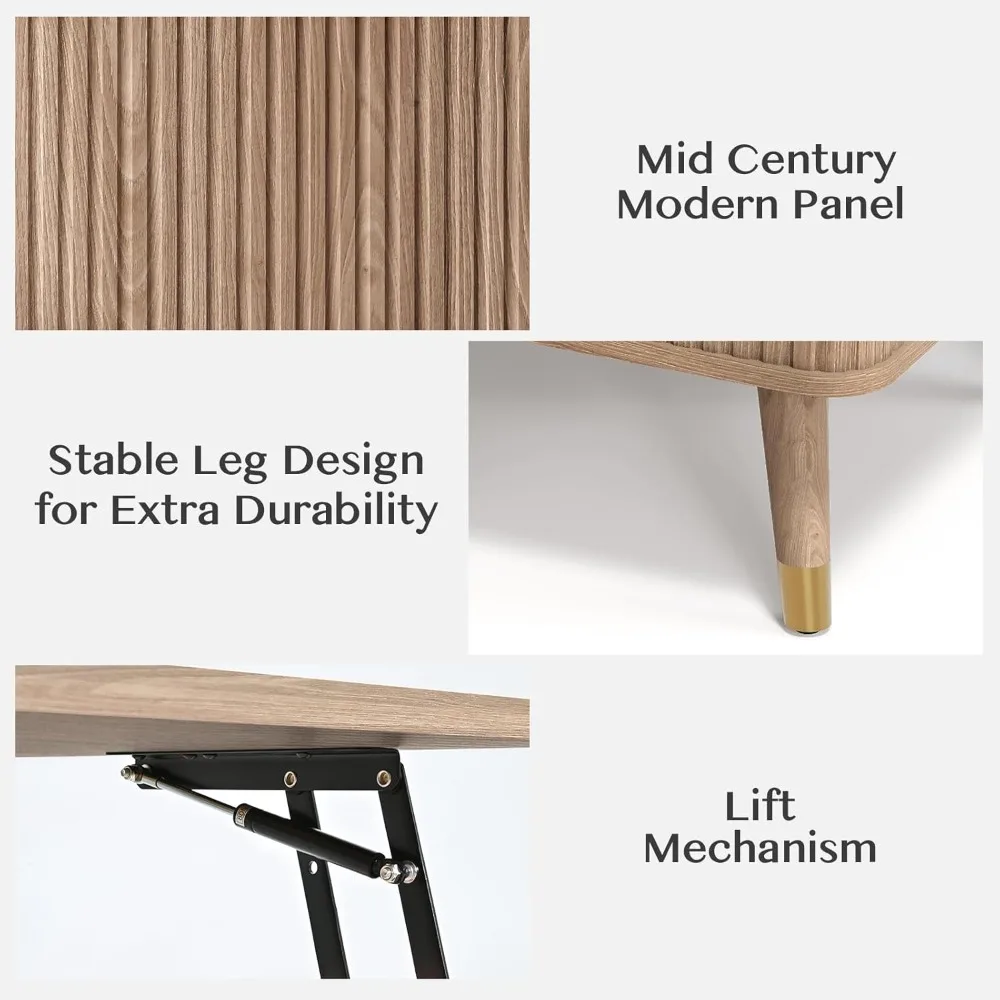 Mesa de centro elevable estriada moderna de mediados de siglo con almacenamiento oculto para sala de estar