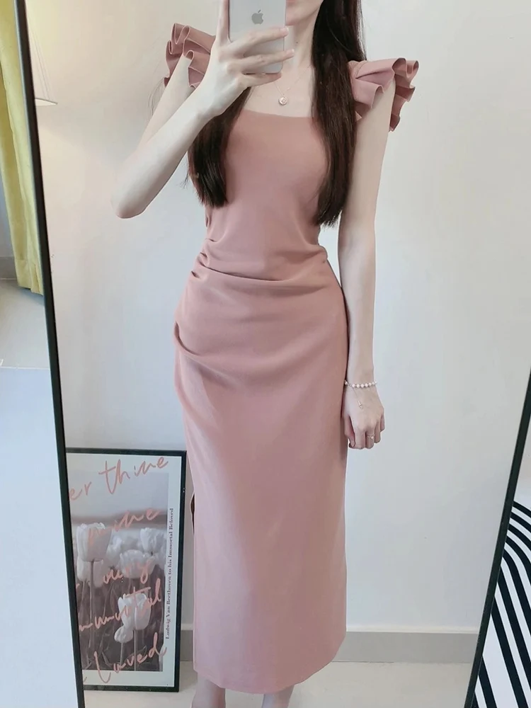 2024 Elegant Women Flying Sleeve Design Dresses Lady Bodycon Split Evening Dress Female Aesthetic Cute Square Collar Midi Dress