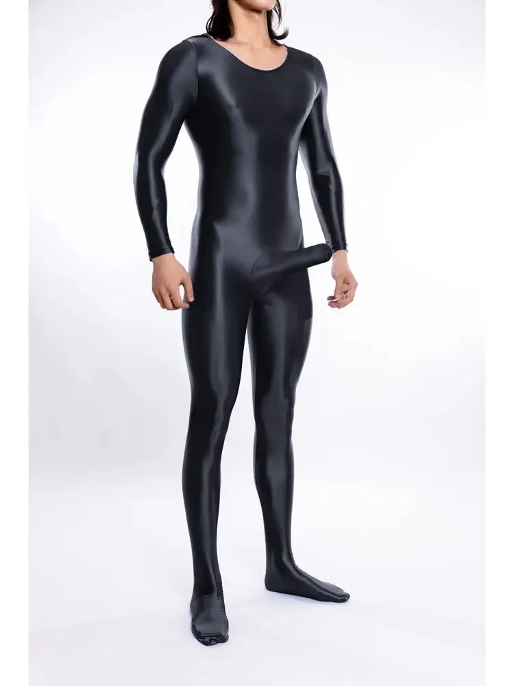 لامعة لامعة Catsuit الرجال مثير بوديستوكينج مع غمد ارتداءها الكبار بسط يوتار الملتصقة Unitard منامة الملابس الداخلية