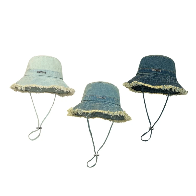 

Adult Frayed Bucket Hat Anti-Uv Wide Brim Hat with Adjustable Chin Rope N58F