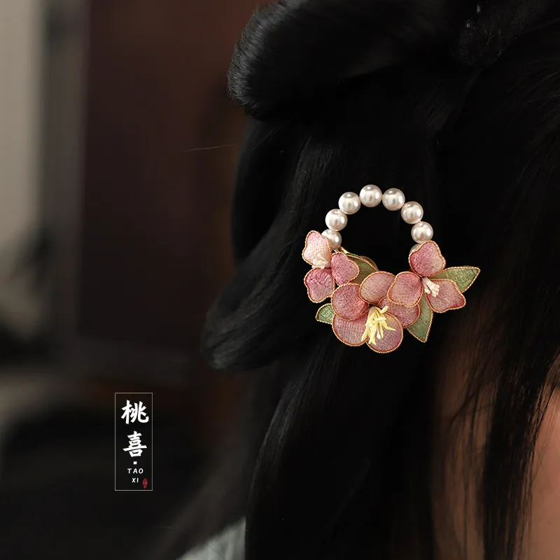 Traditional Chinese Style Hanfu Hair Clip Pink Gradient Imitation Velvet Flower Faux Pearl Decor Filigree Craft Vintage Hair Acc