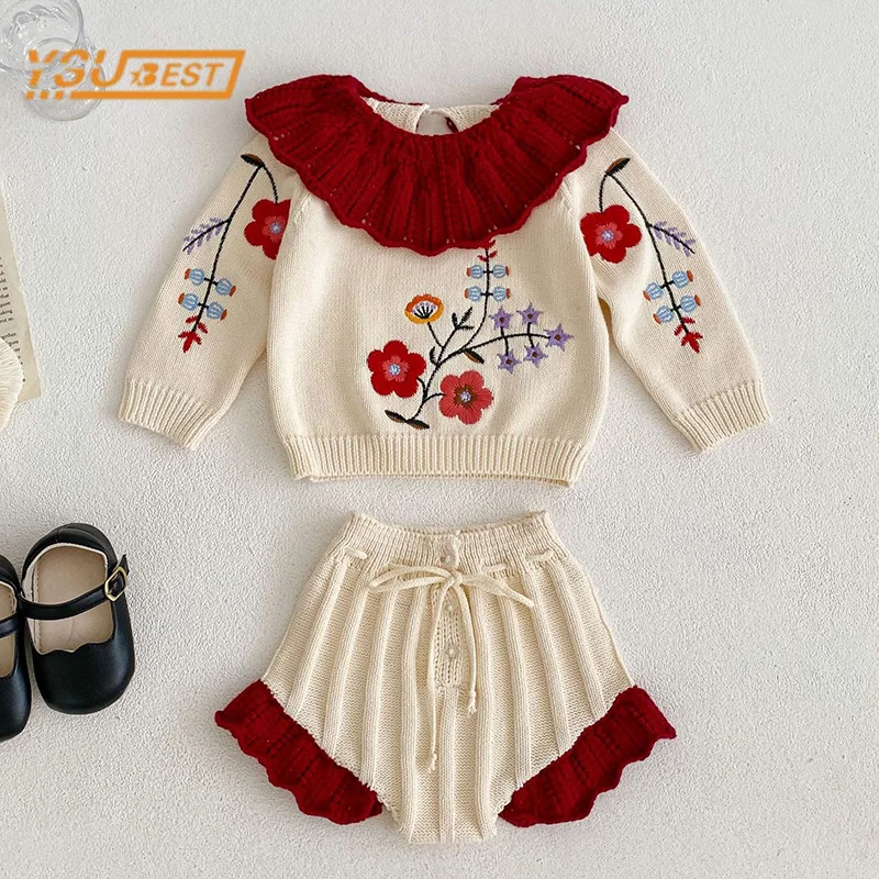 

Infant Baby Girls Long Sleeves Flower Embroidery Knit Clothing Set Kids Baby Girls Sweaters and Shorts Casual Two Piece Set