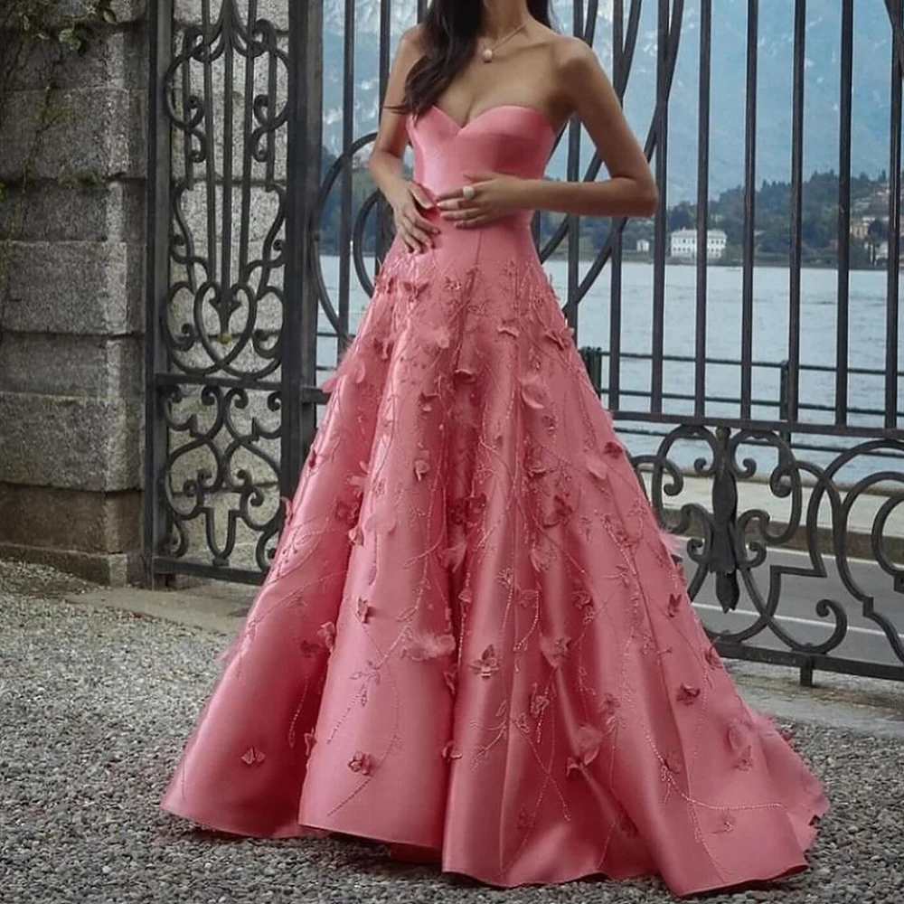 

Customized Delicate Pleats Flowers Crystal Prom Gowns Exquisite A-Line Sweetheart Satin Evening Dresses فساتين سهره نسائيه فخمة