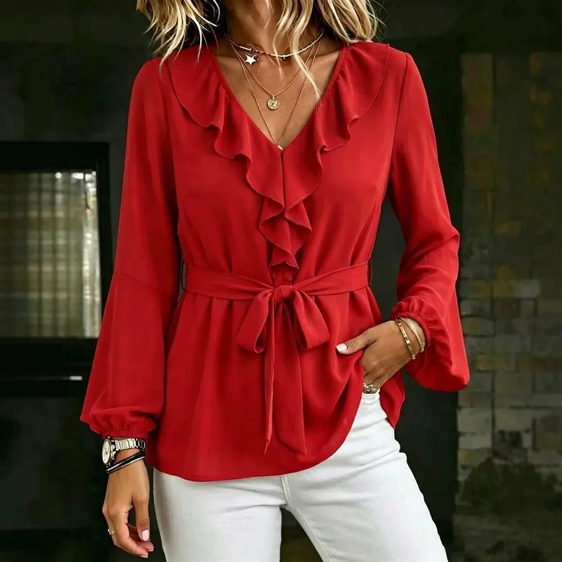 New Women's Clothing Style Ruffled Shirt with Lace Up Waistband Lantern Sleeves Solid Color Slimming Long Sleeved Top for Women