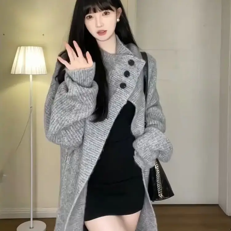 

Korea Large Lapel Long Cardigan Jacket 2024 Autumn Winter New Women'S Design Niche Sweater Loose Retro Sweater