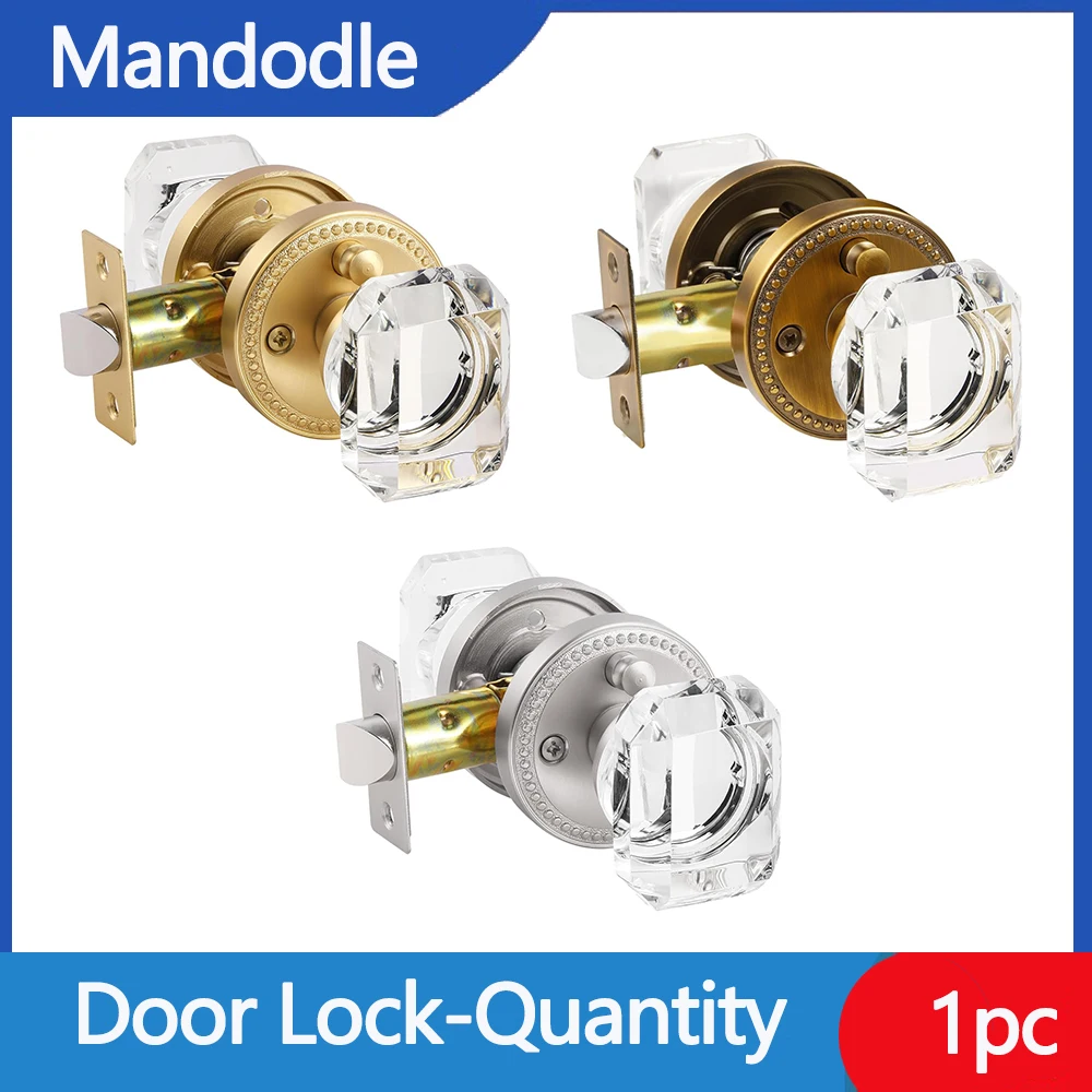 Brushed Crystal Door Handle, Private Bedroom and Bathroom, Square Glass Door Handle, Silver Brass, Keyless